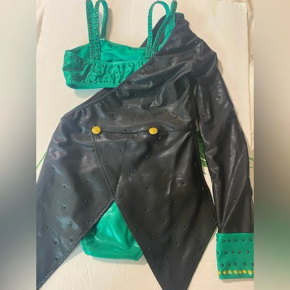 Glamour solo dance costume neon green Feather rhinestone embellished leotard XLC